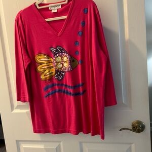 Red V-Neck Top with Fish Design